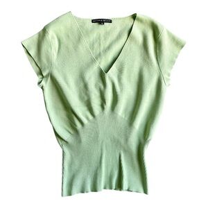 ANTONIO MELANI Green Fitted Ribbed Sweater Blouse w/ V Neck & Cap Sleeves